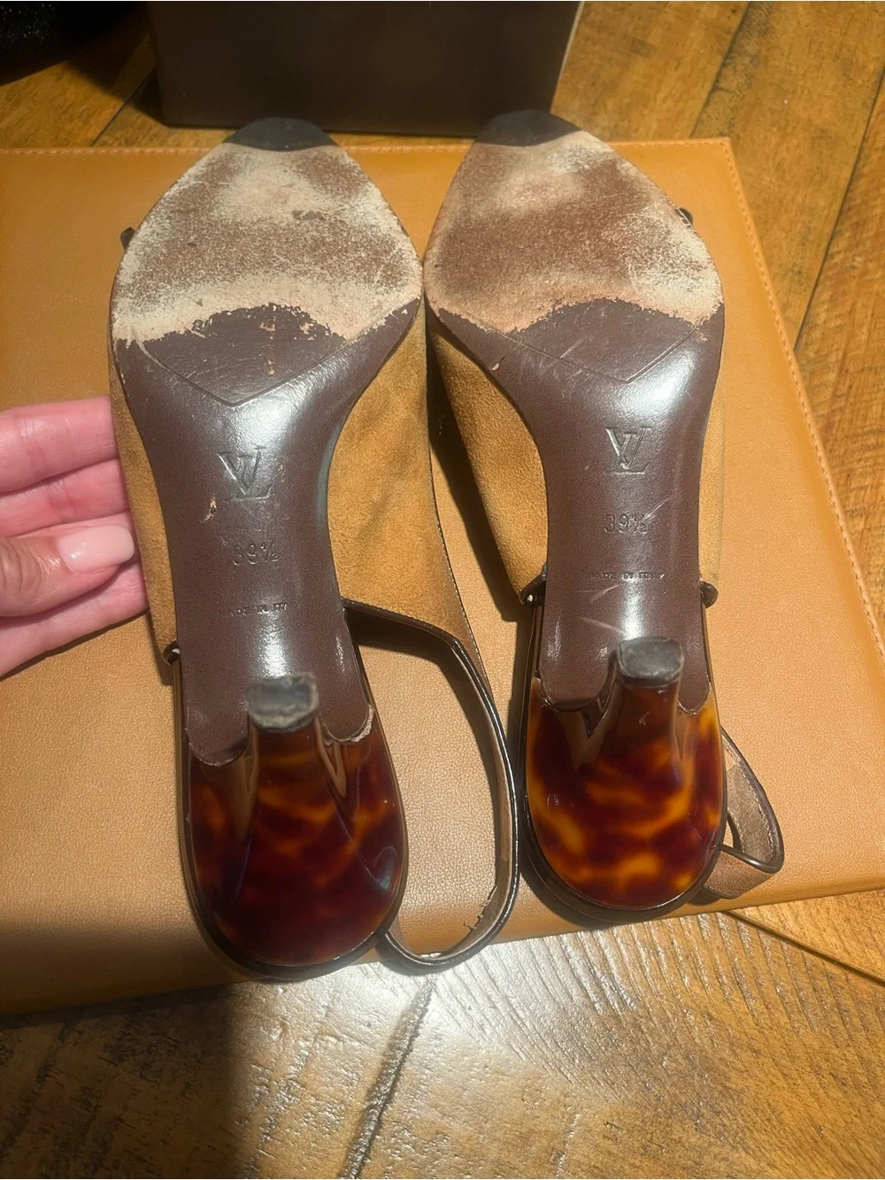 Louis Vuitton Vintage Camel Brown Slingback Kitten Heels with Floral Accent